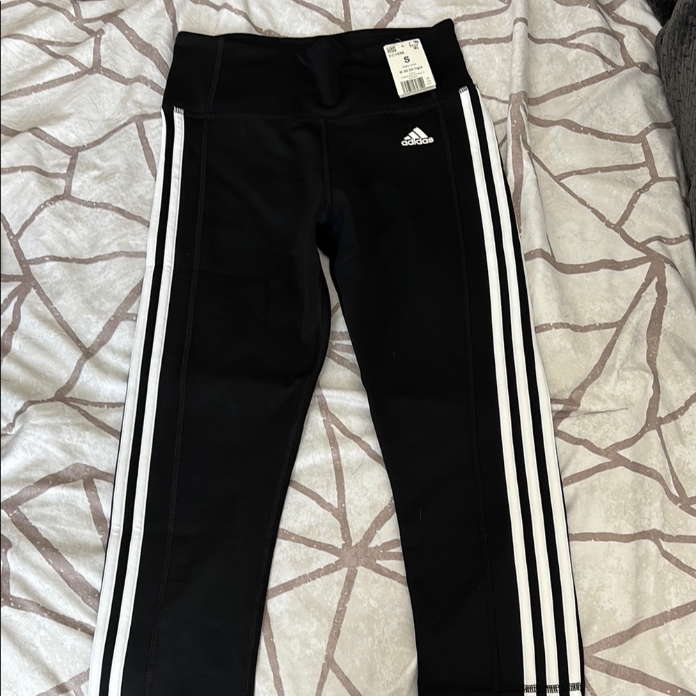 Adidas Black and White 3/4 Leggings with Signature Stripes